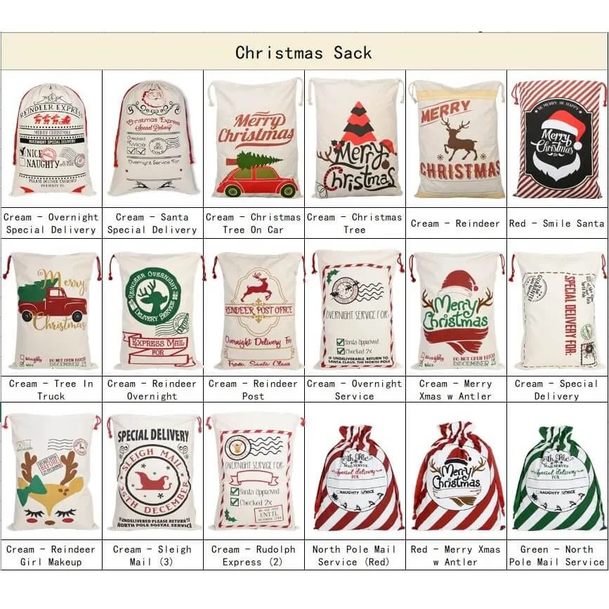 50x70cm Canvas Hessian Christmas Santa Sack Xmas Stocking Reindeer Kids Gift Bag, Cream - Car Gift Express