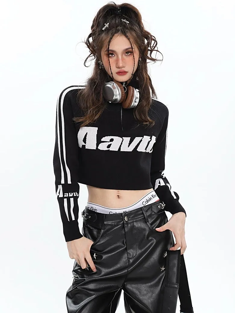 Aavtb Graphic Letter Long Sleeve Knitted Cropped Sweater Top