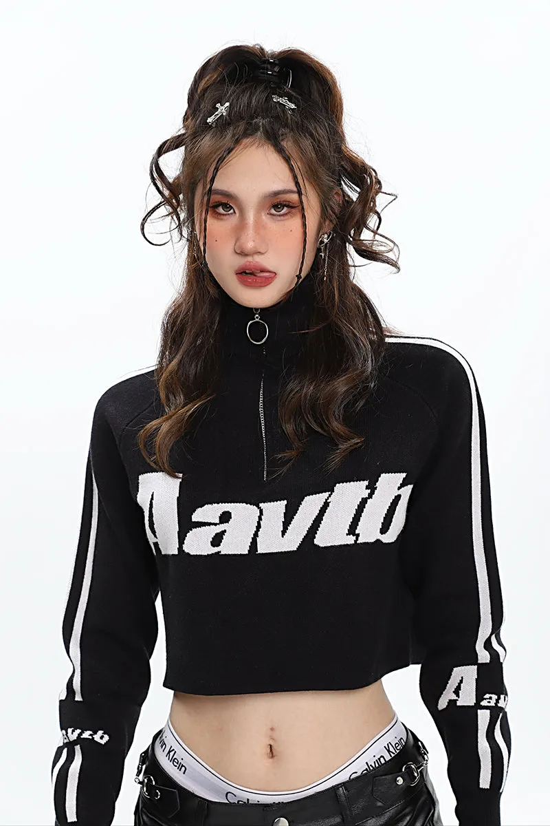 Aavtb Graphic Letter Long Sleeve Knitted Cropped Sweater Top