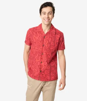 Alfred Shaheen Red Tiki Pareau Print Mens Cabana Aloha Shirt