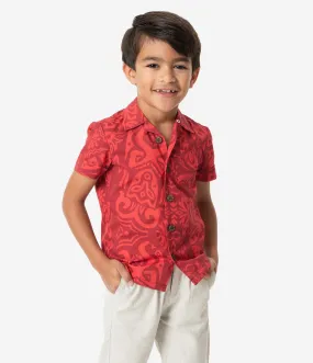 Alfred Shaheen Red Tiki Pareau Print Kahuna Boys Shirt