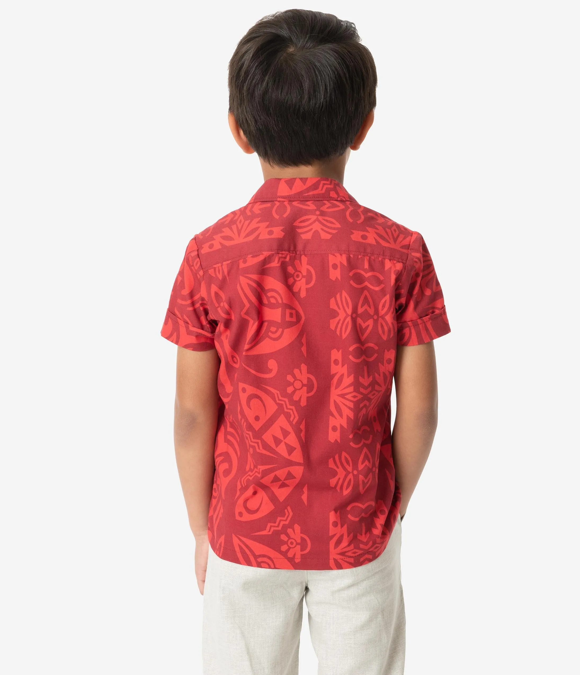 Alfred Shaheen Red Tiki Pareau Print Kahuna Boys Shirt