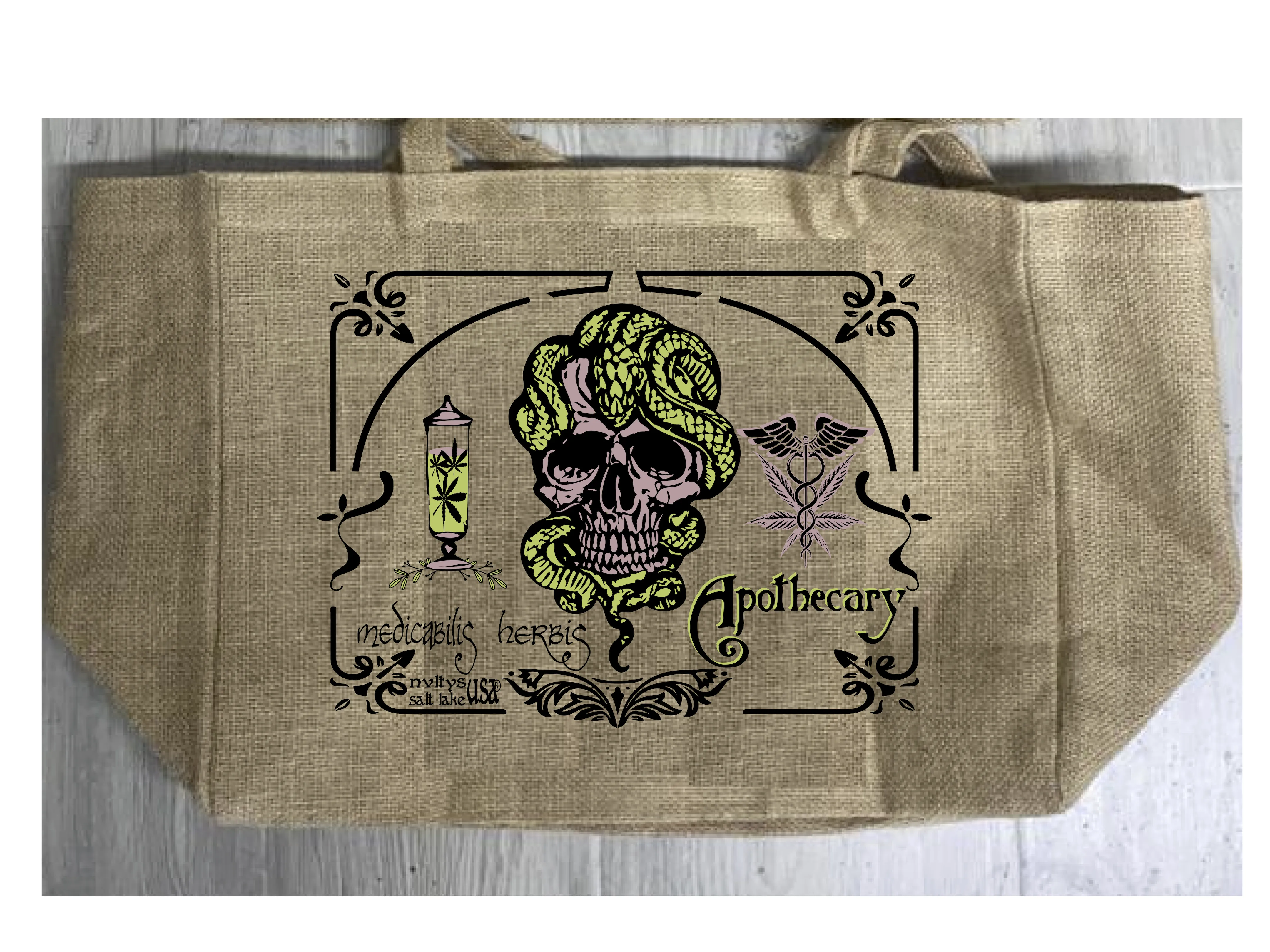 APOTHECARY MEDICAL MARIJUANA BURLAP TOTE BAG