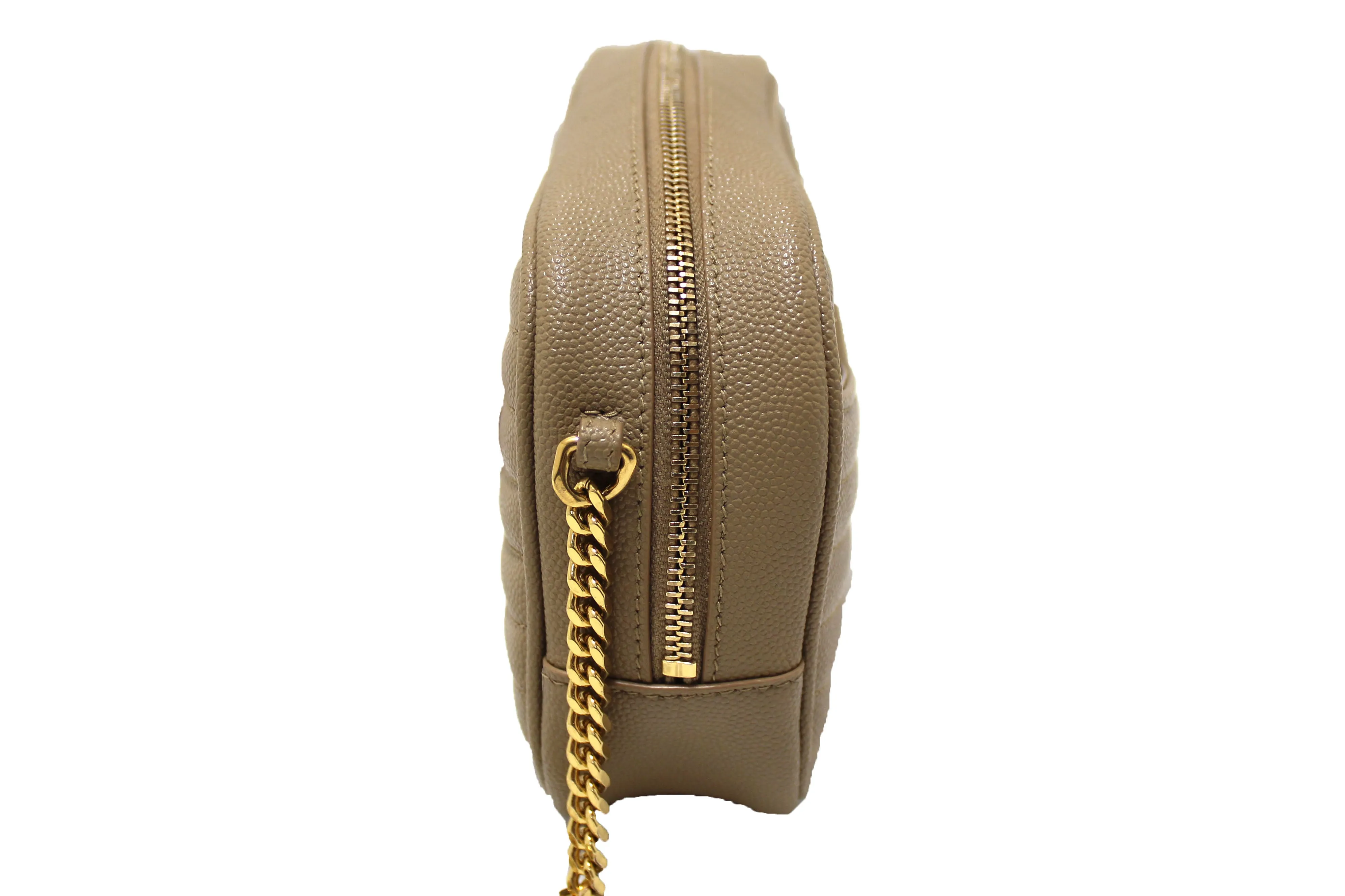 Authentic Saint Laurent Beige Grain Poudre Embossed Leather Lou Mini Bag