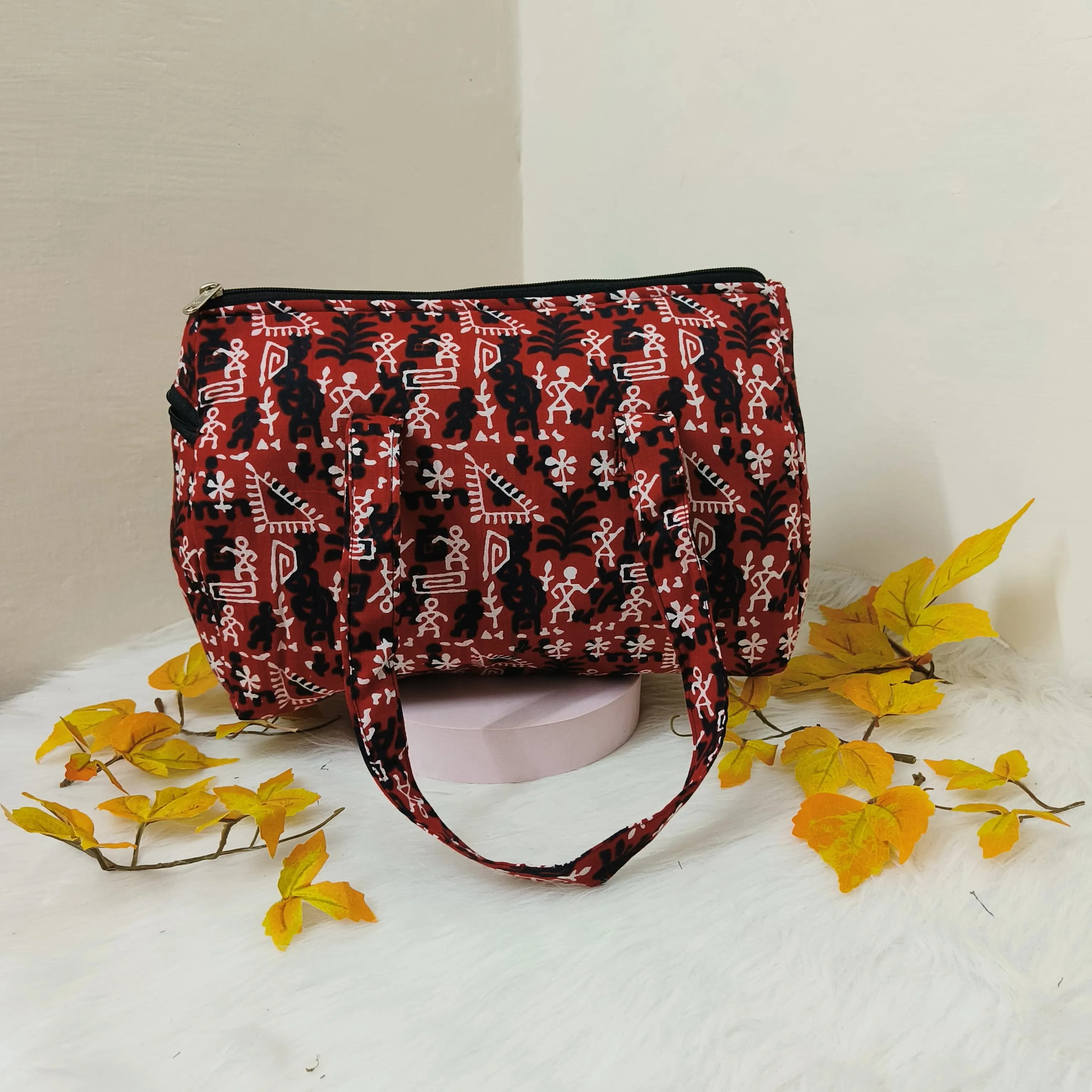 Barrel Handbags Red with Black Tribal Design.