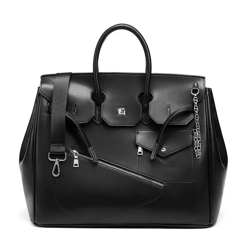 Birkin inspired handmade PU Leather Black tote buckle travel overnight weekender handbag