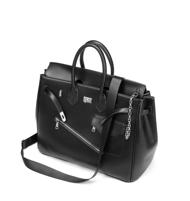 Birkin inspired handmade PU Leather Black tote buckle travel overnight weekender handbag