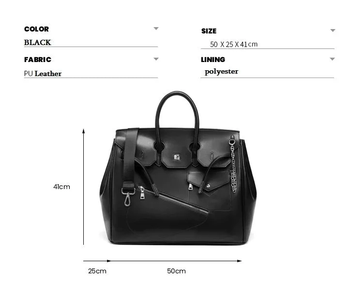 Birkin inspired handmade PU Leather Black tote buckle travel overnight weekender handbag