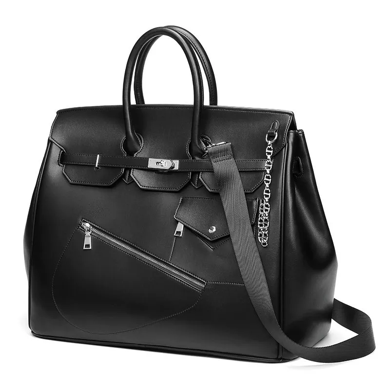 Birkin inspired handmade PU Leather Black tote buckle travel overnight weekender handbag