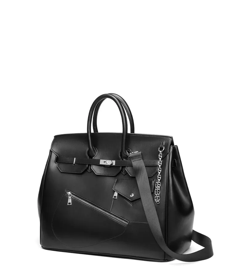 Birkin inspired handmade PU Leather Black tote buckle travel overnight weekender handbag