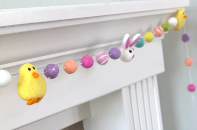 Bunny & Chick Easter Felt Ball Garland- Bright Colors Swirls & Dots