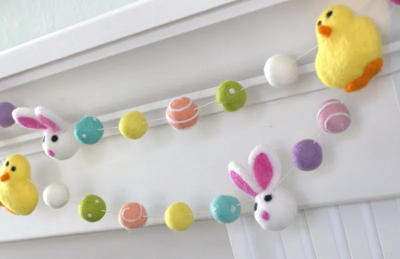 Bunny & Chick Easter Felt Ball Garland- Bright Colors Swirls & Dots