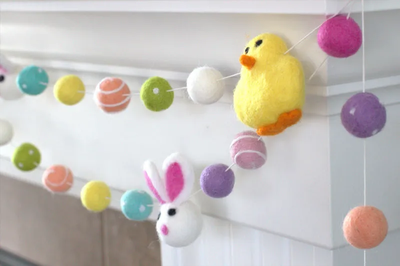 Bunny & Chick Easter Felt Ball Garland- Bright Colors Swirls & Dots