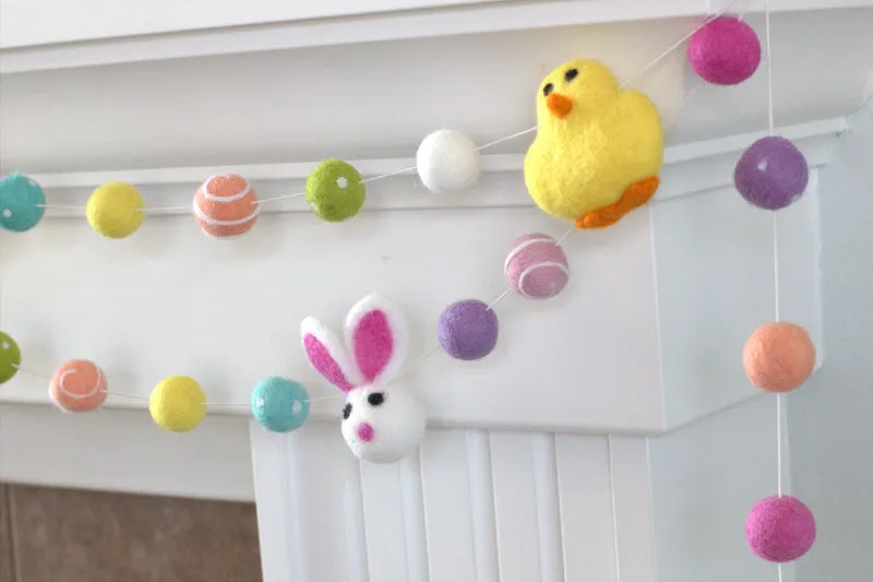 Bunny & Chick Easter Felt Ball Garland- Bright Colors Swirls & Dots