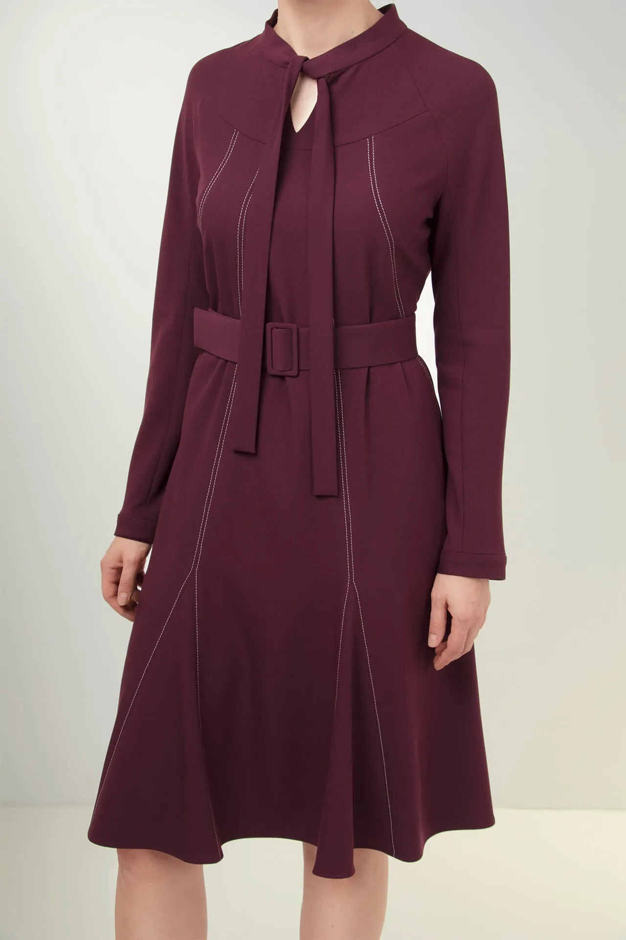 Burgundy Viscose-Blend Crepe Dress with Contrasting Stitch