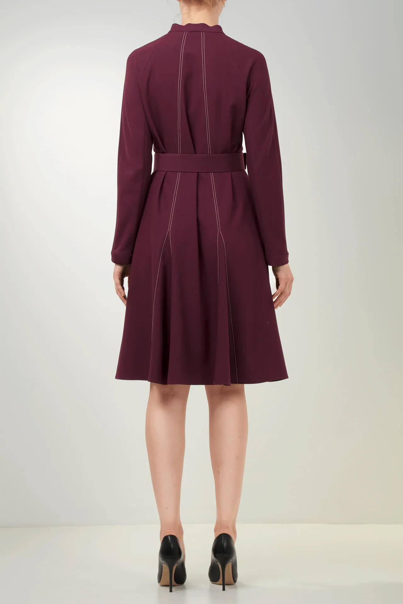 Burgundy Viscose-Blend Crepe Dress with Contrasting Stitch