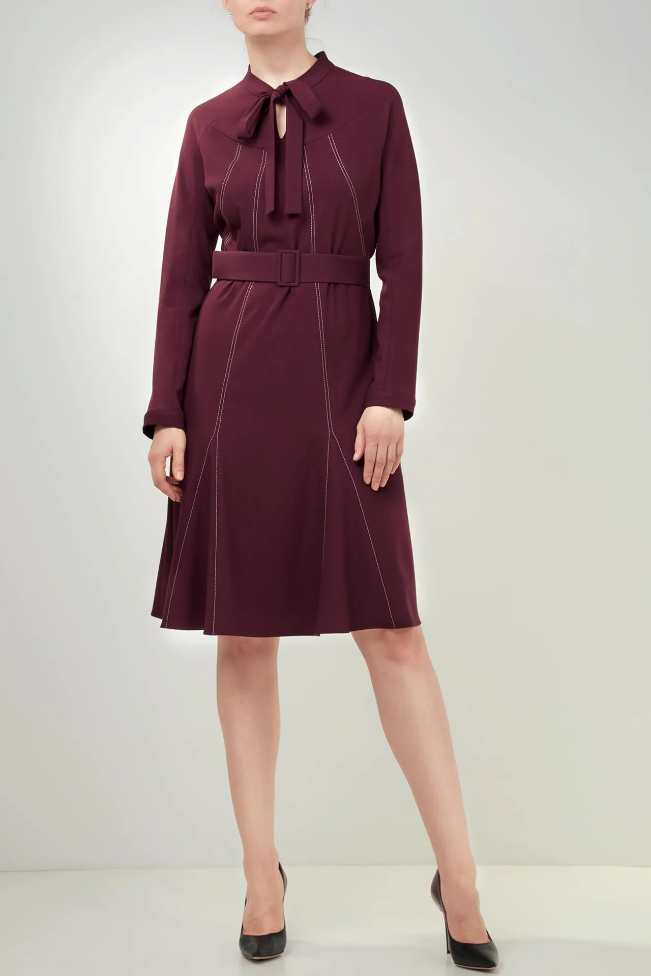 Burgundy Viscose-Blend Crepe Dress with Contrasting Stitch