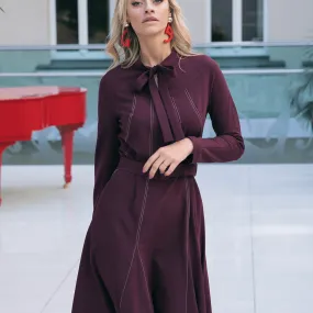 Burgundy Viscose-Blend Crepe Dress with Contrasting Stitch