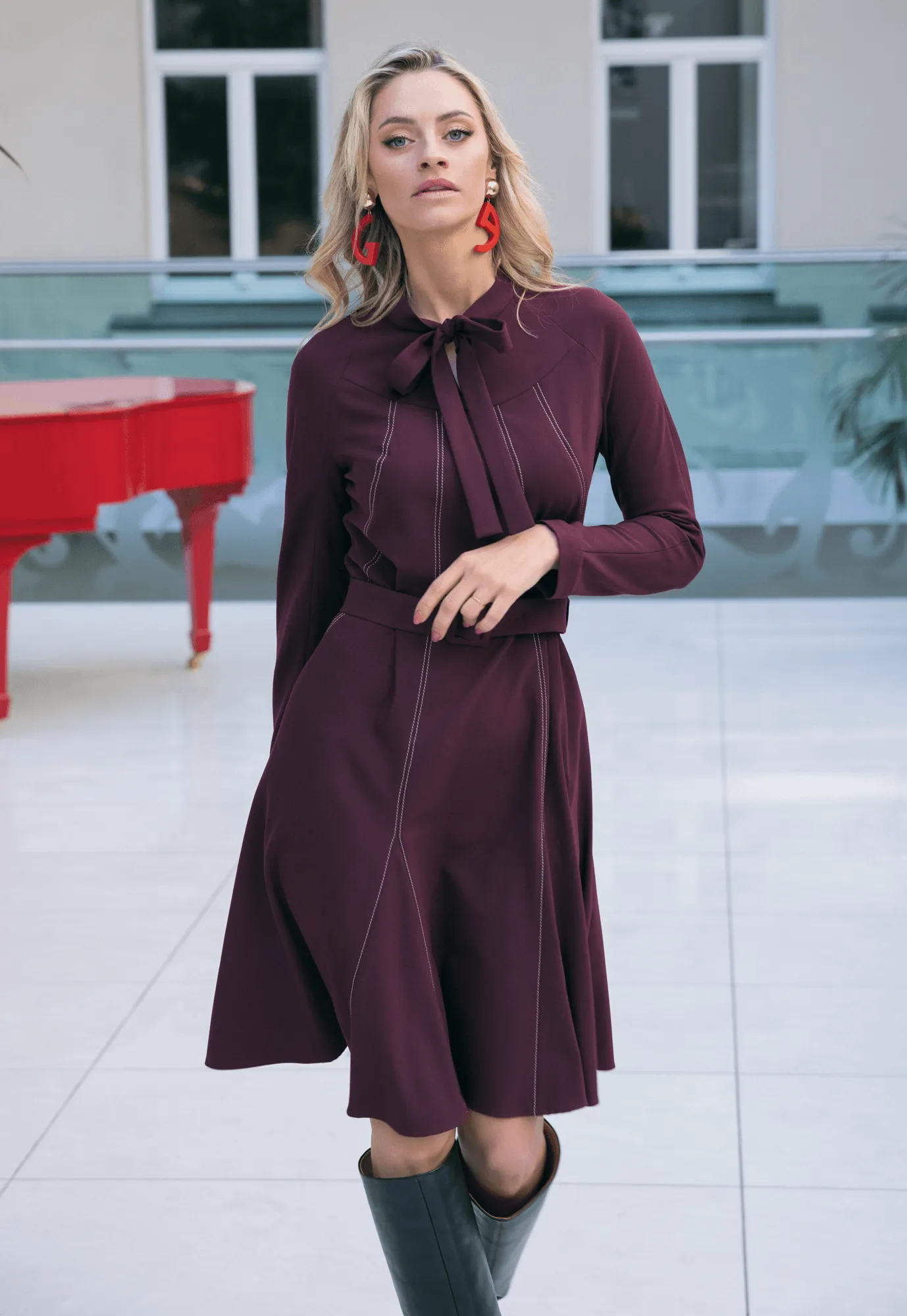 Burgundy Viscose-Blend Crepe Dress with Contrasting Stitch