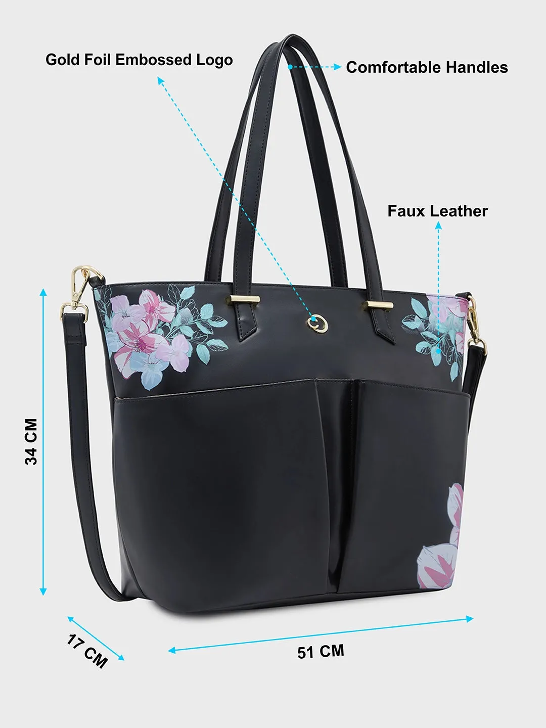 Caprese Shanaya Tote Medium Printed Womens Office Handbag Black