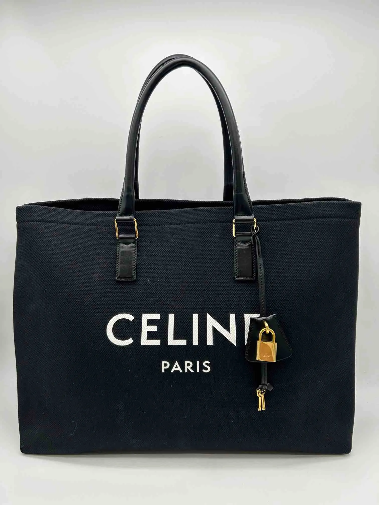 Celine Horizontal Cabast Tote Bag, Black Canvas & Leather