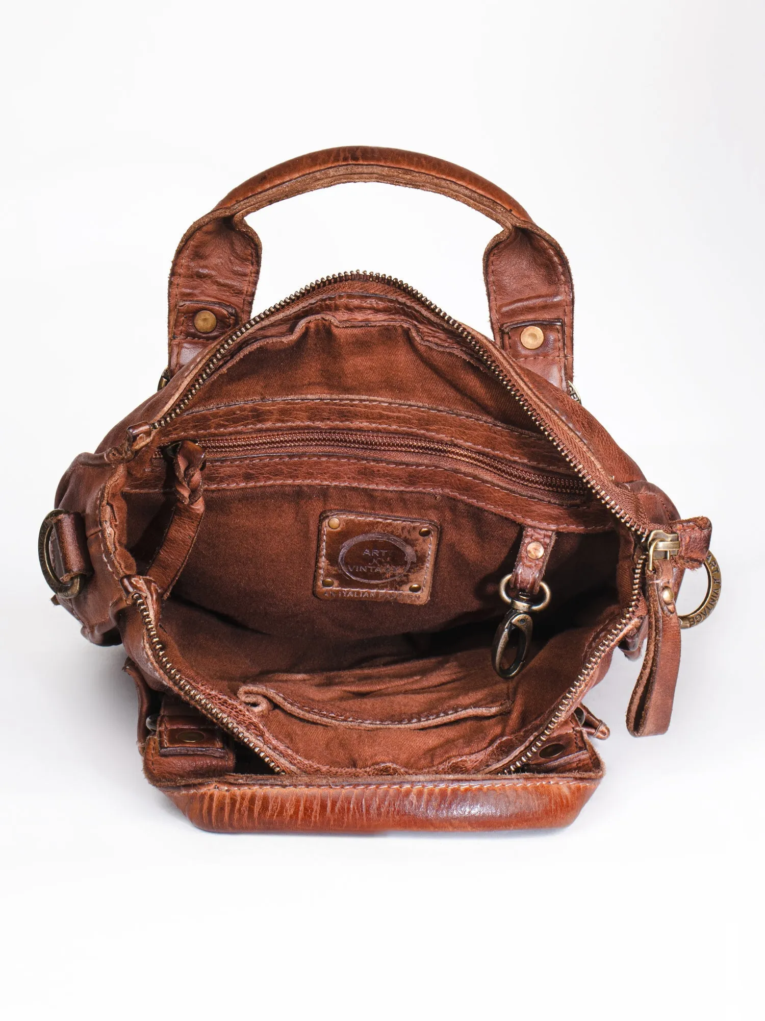 Cognac Veg Tanned Washed Leather Crossbody Bag