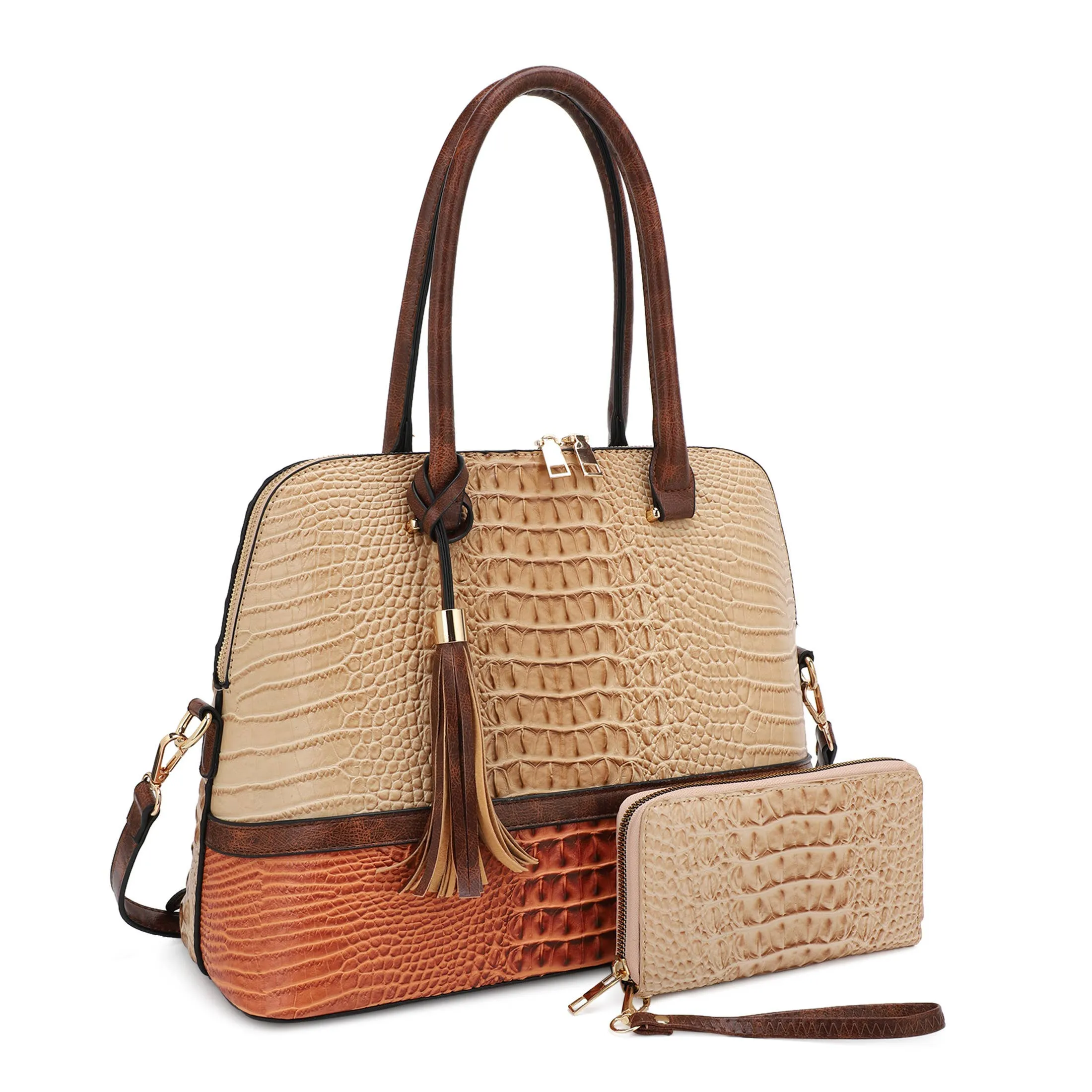 Croc Print Dome Shape Satchel and wallet