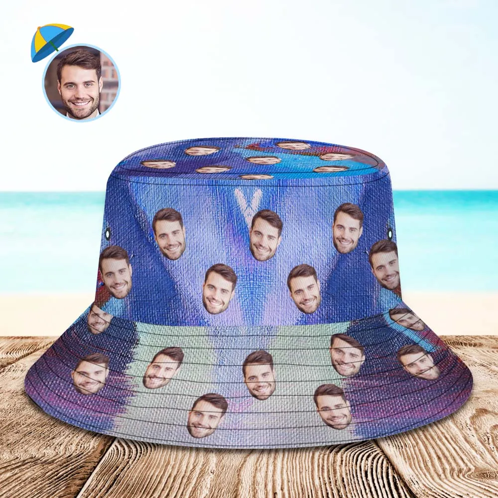 Custom Face Bucket Hat Unisex Personalised Wide Brim Outdoor Summer Hats Blue and Purple Oil Painting Style