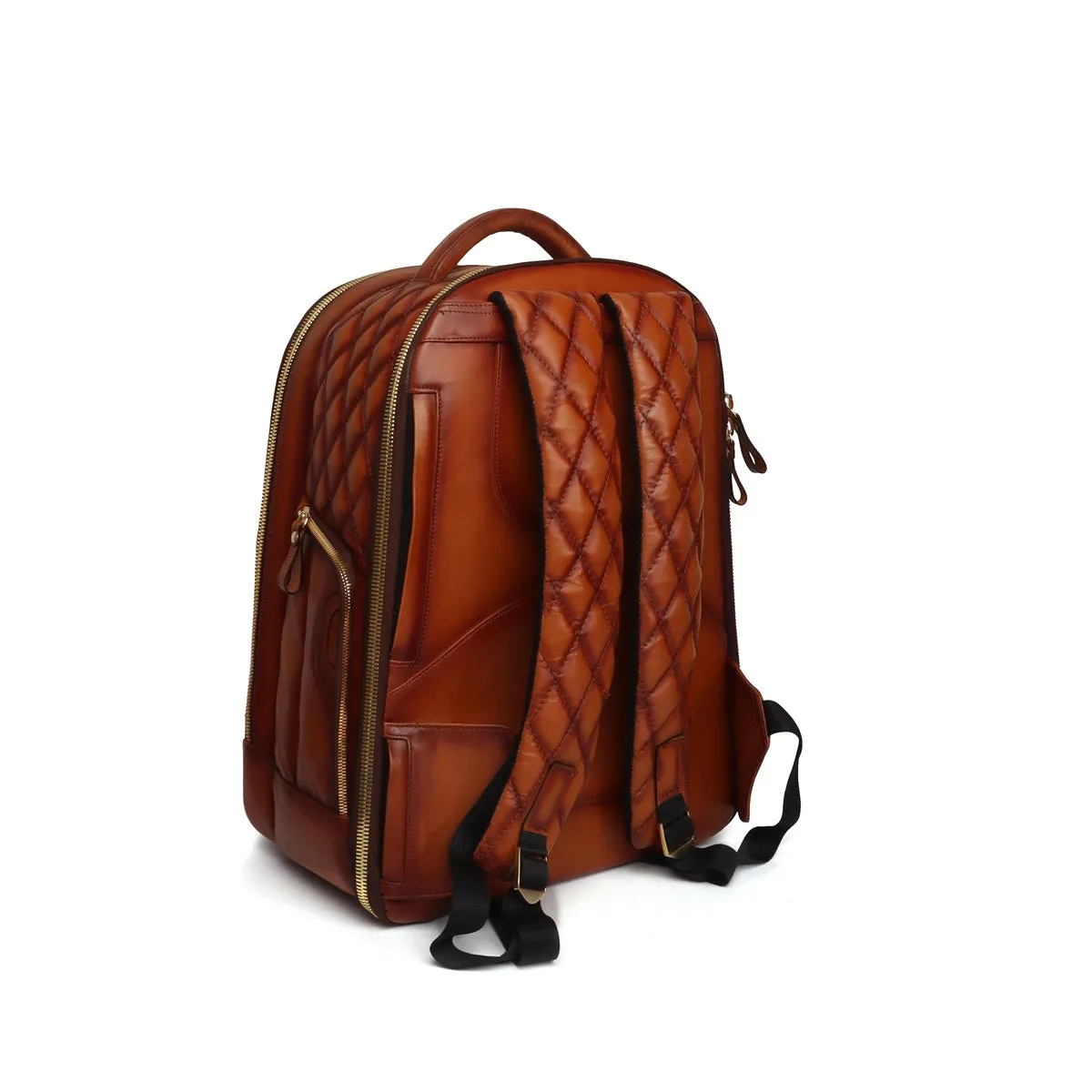 Diamond Stitched Backpack Tan Leather with Embossed Lion Logo by Brune & Bareskin