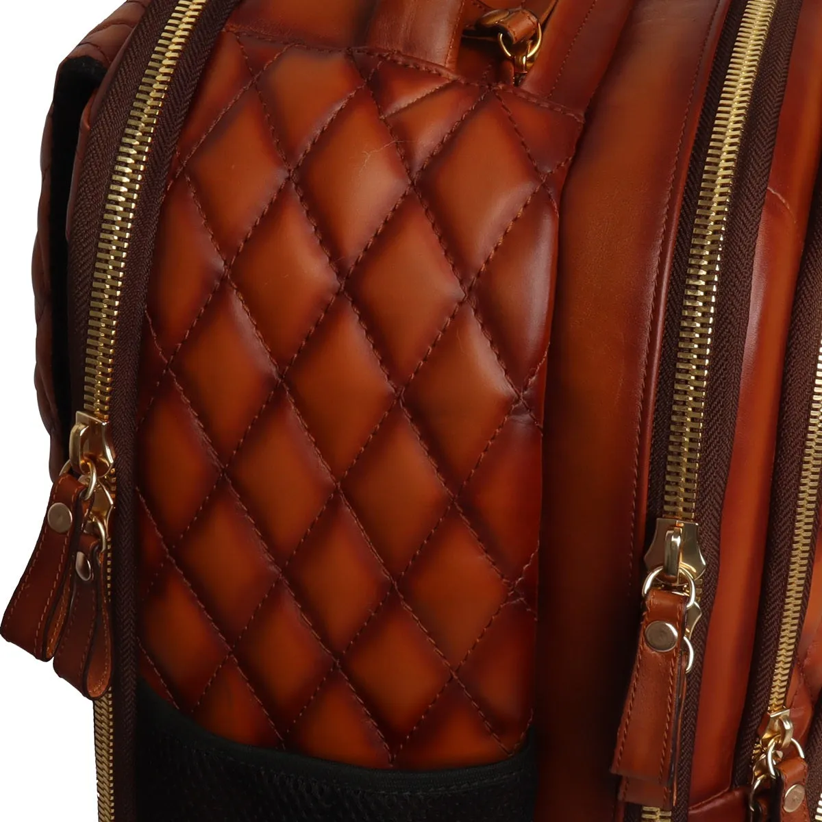 Diamond Stitched Backpack Tan Leather with Embossed Lion Logo by Brune & Bareskin