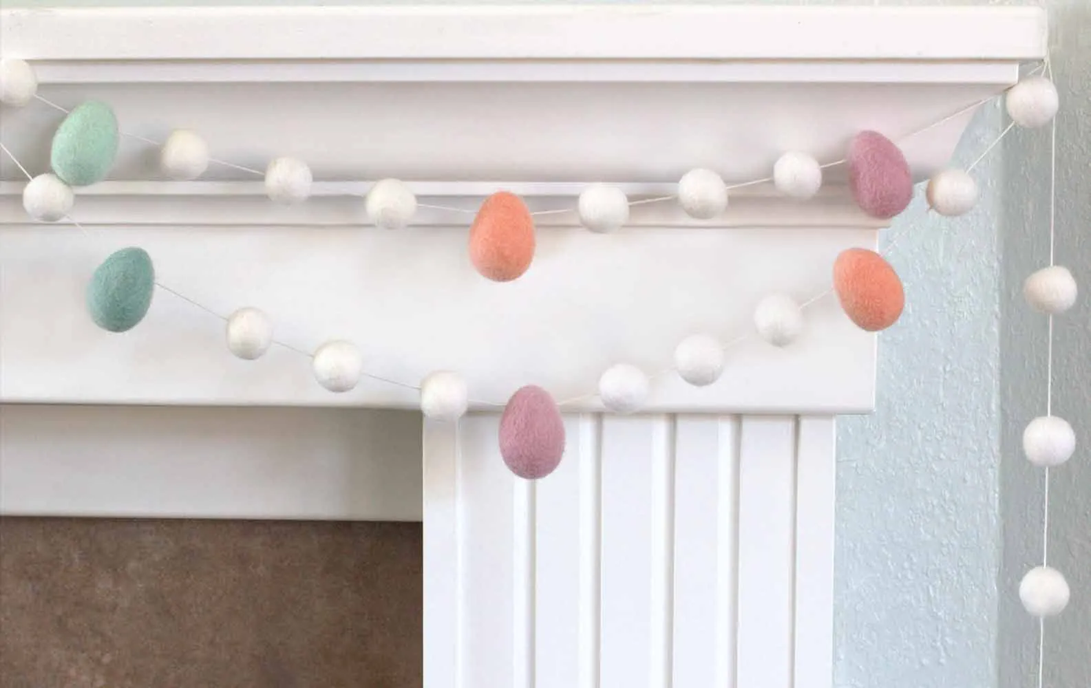 Easter Egg Garland- White Felt Balls & Blush Pink, Teal, Seafoam, Peach Eggs