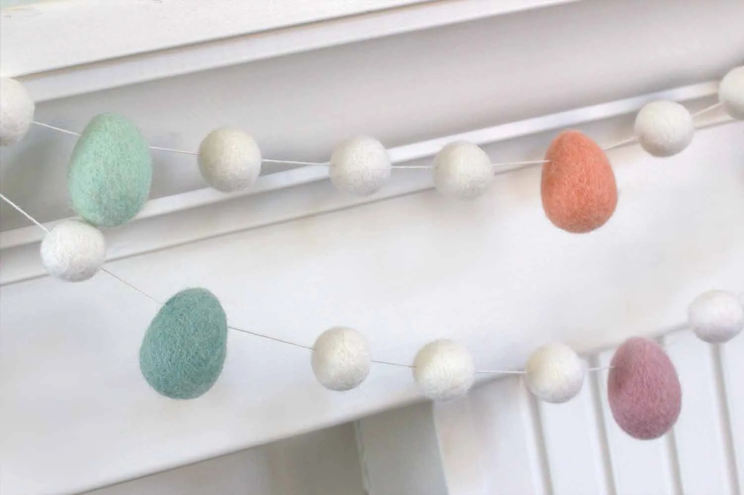 Easter Egg Garland- White Felt Balls & Blush Pink, Teal, Seafoam, Peach Eggs