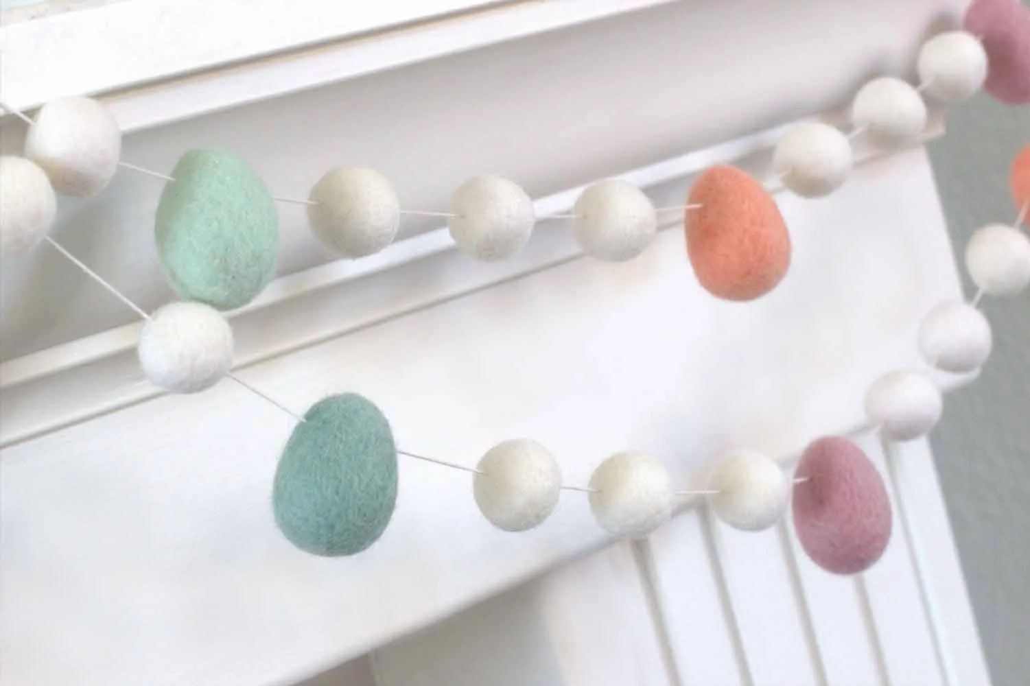 Easter Egg Garland- White Felt Balls & Blush Pink, Teal, Seafoam, Peach Eggs