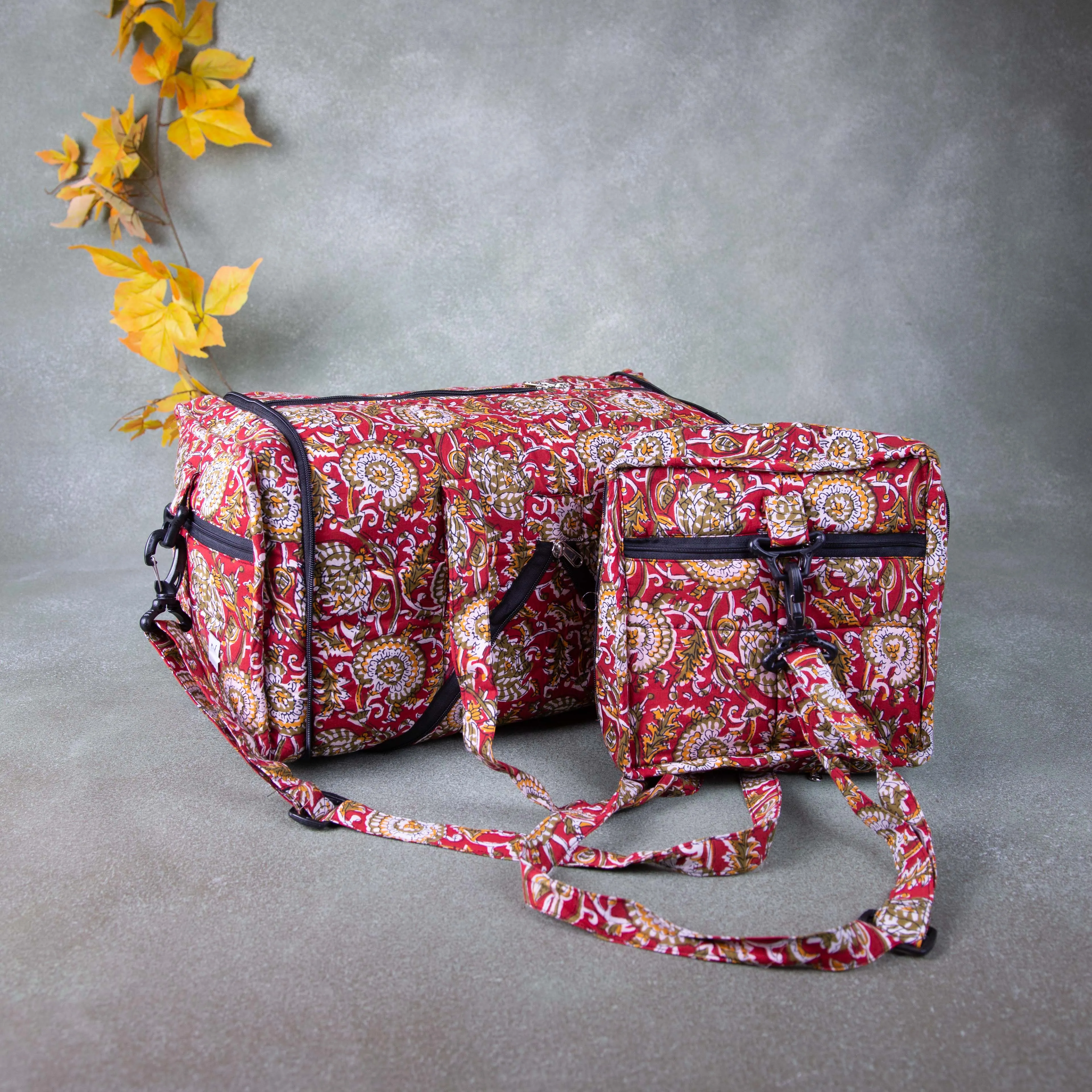 Expandable Travel Bag Red Colour with Mustard Prints.