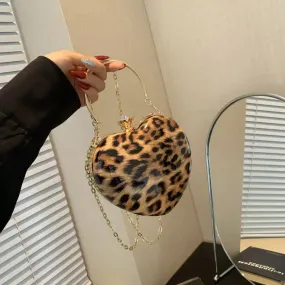 Fashion Heart Shape Shoulder Bag PU Patent Leather Leopard Print Wrist Bag Handbag Women Ladies