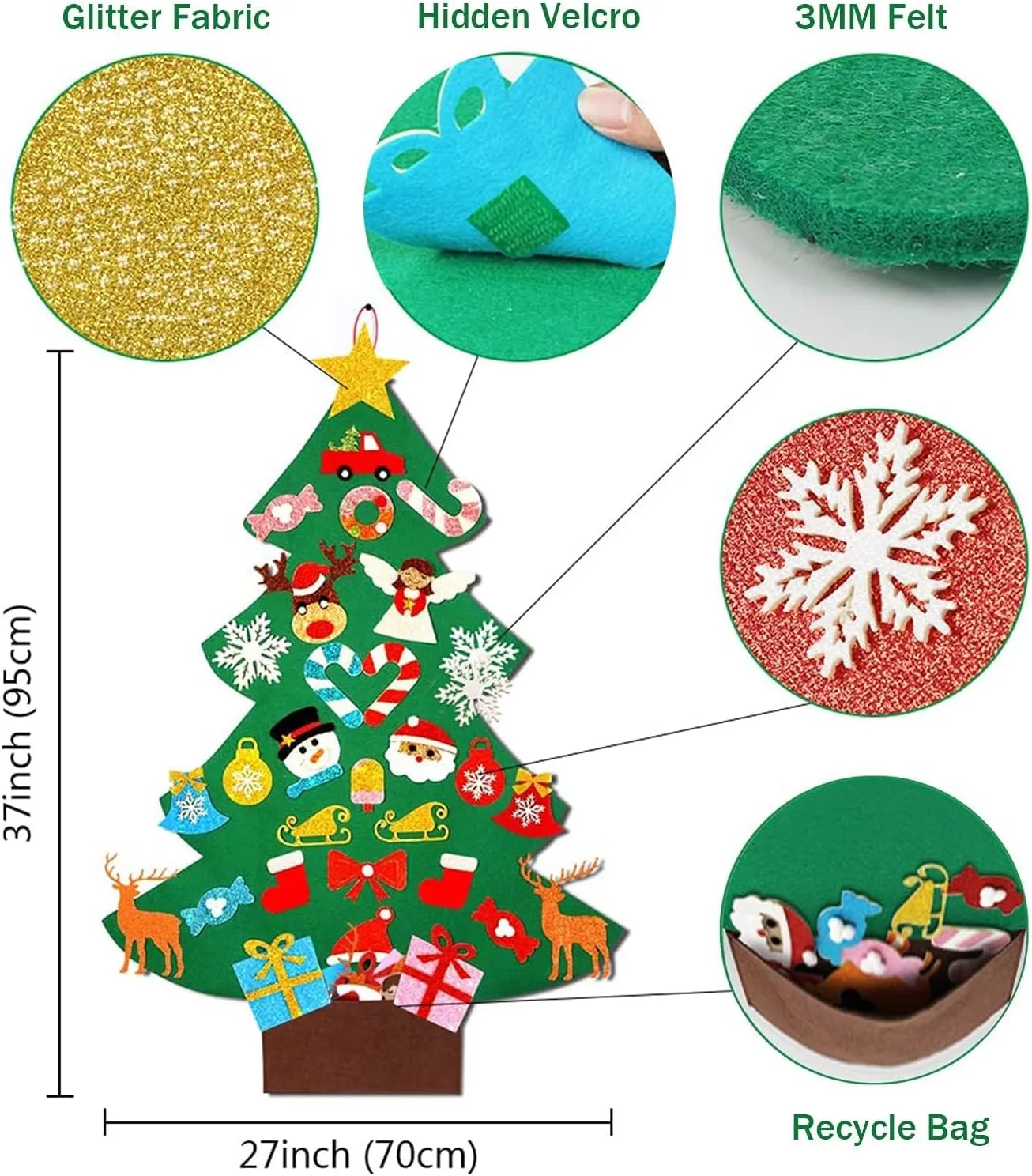 Felt Christmas Tree for Kids with Glitter Ornaments - 3ft