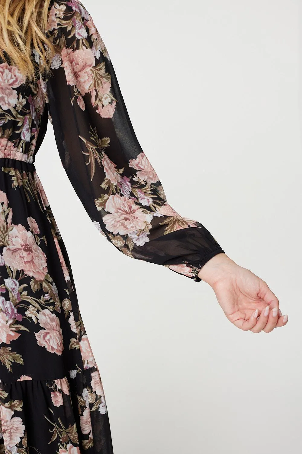 Floral Semi Sheer Empire Waist Midi Dress