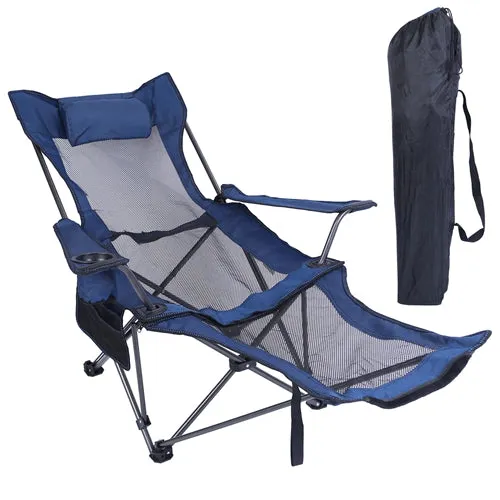 Foldable Camping Chair 330LBS Load Heavy Duty Steel Lawn Chair Collapsible Chair with Reclining Backrest Angle Cup Holder Pillow Side Pocket Carry Bag - Blue