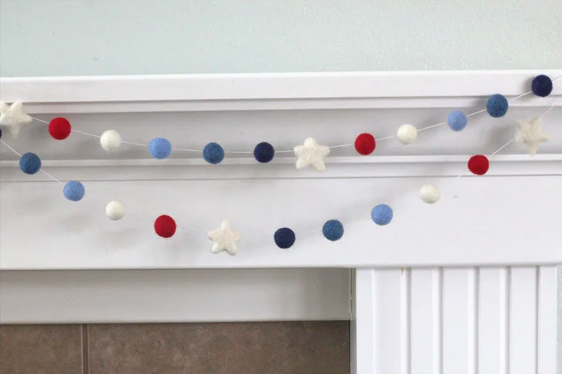 Fourth of July Felt Ball & Star Garland- Red, Shades of Blue