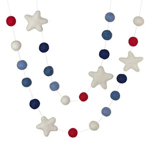 Fourth of July Felt Ball & Star Garland- Red, Shades of Blue