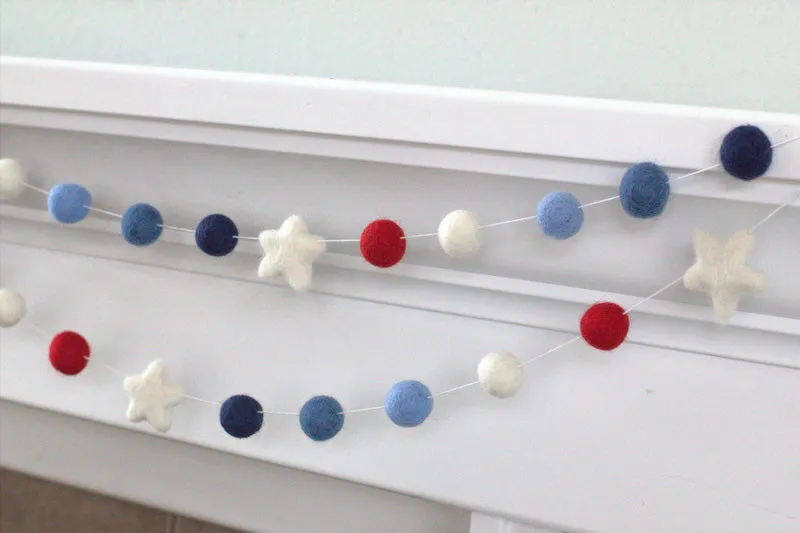 Fourth of July Felt Ball & Star Garland- Red, Shades of Blue