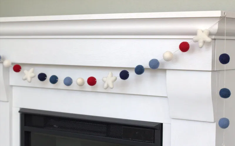 Fourth of July Felt Ball & Star Garland- Red, Shades of Blue