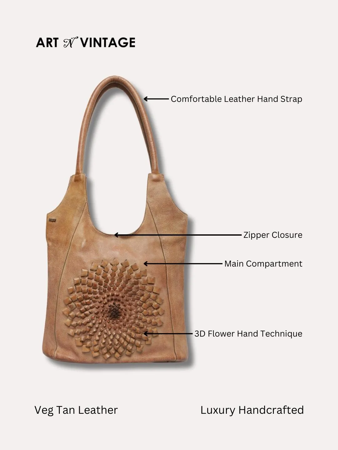 Glory: Top Handle Tan Tote With 3D Ombre Flower