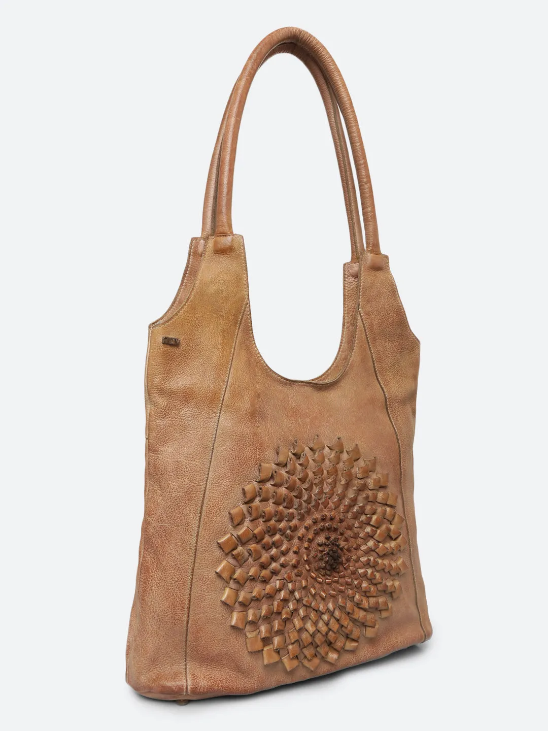 Glory: Top Handle Tan Tote With 3D Ombre Flower