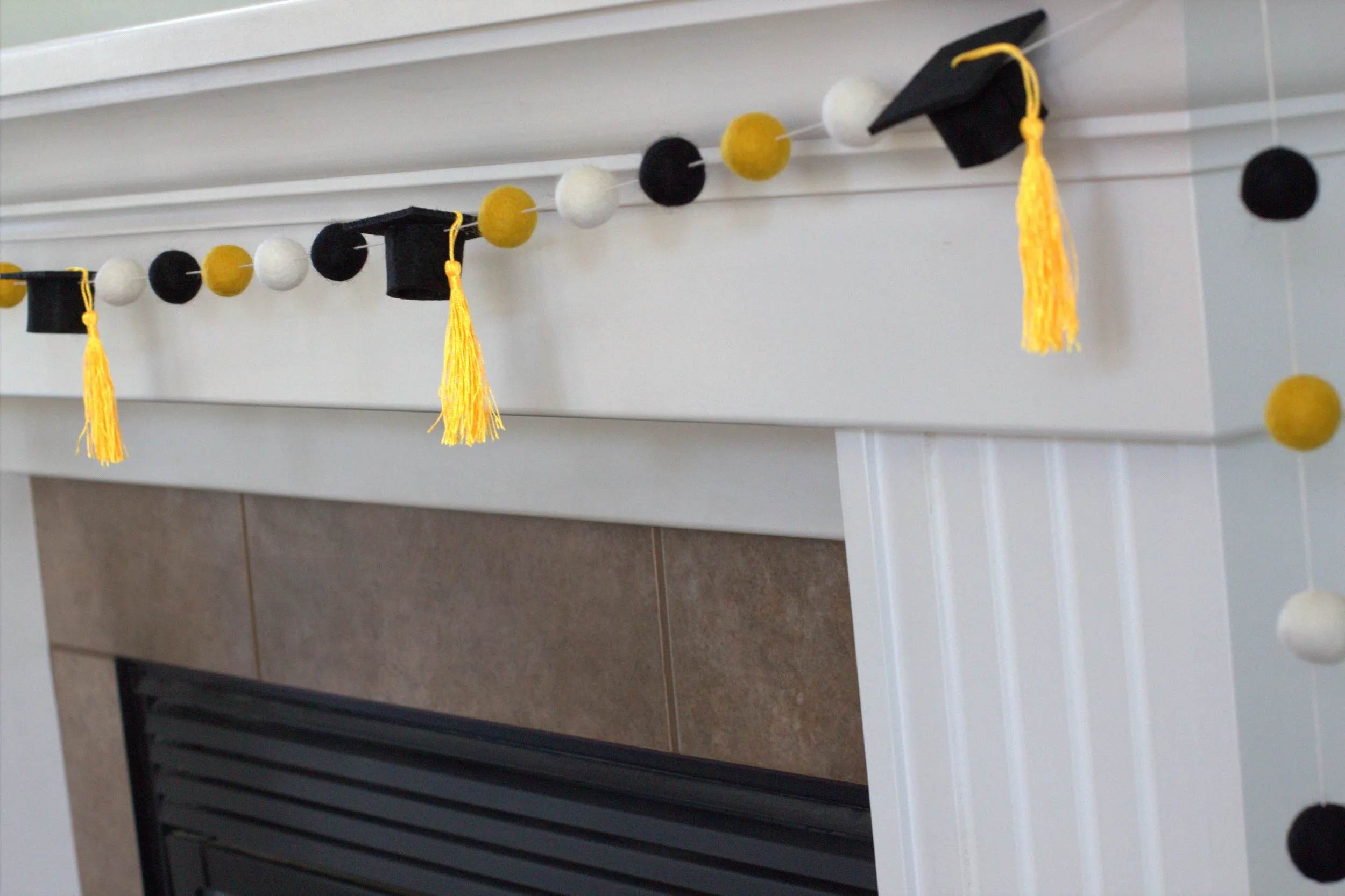 Graduation Cap Felt Garland- Black Gold White with GOLD tassels