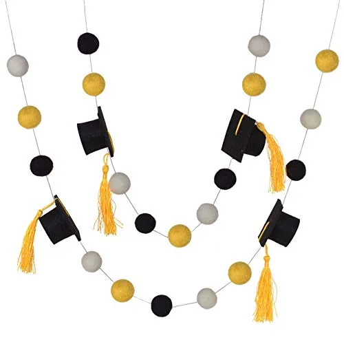 Graduation Cap Felt Garland- Black Gold White with GOLD tassels