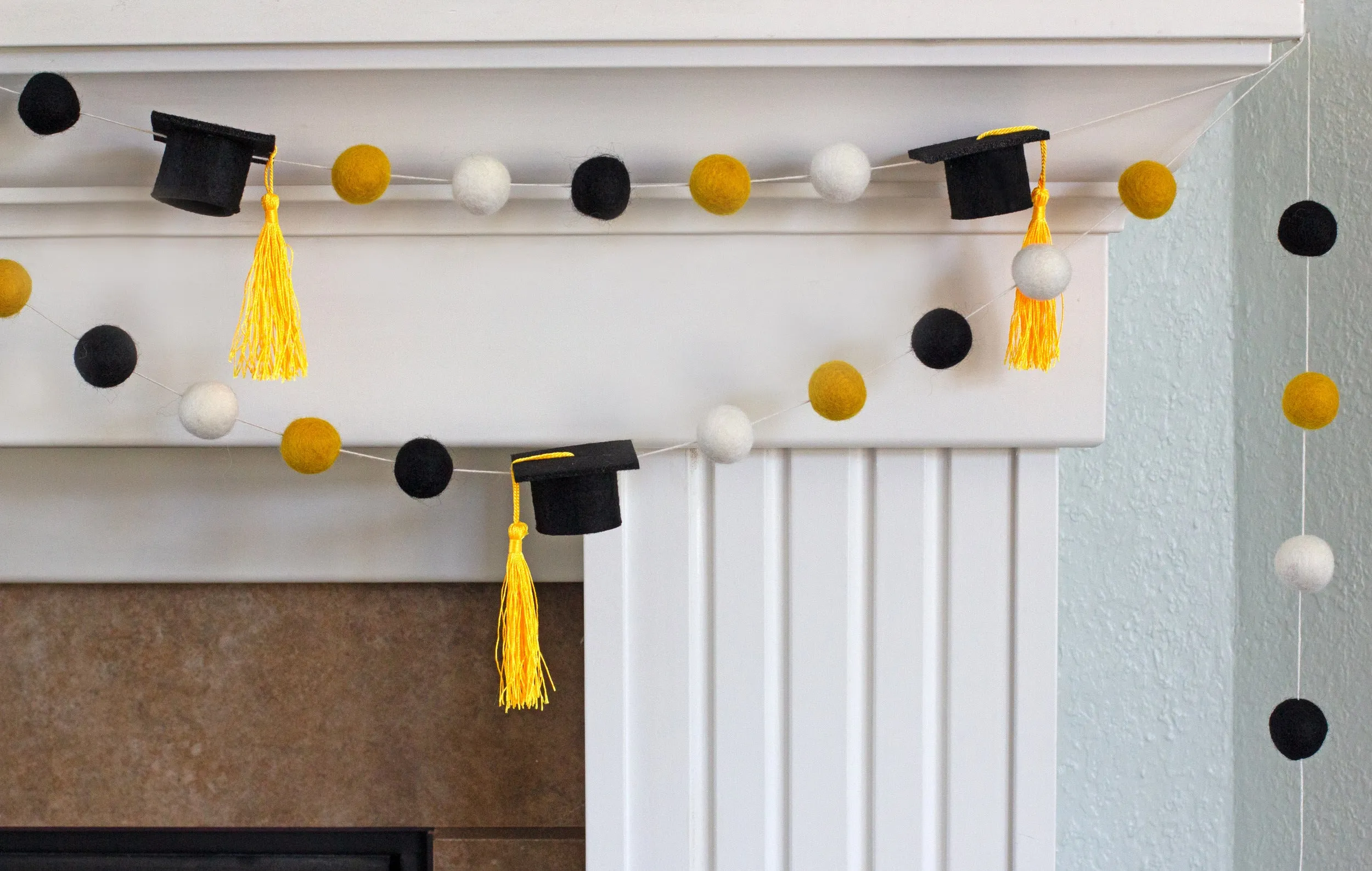 Graduation Cap Felt Garland- Black Gold White with GOLD tassels