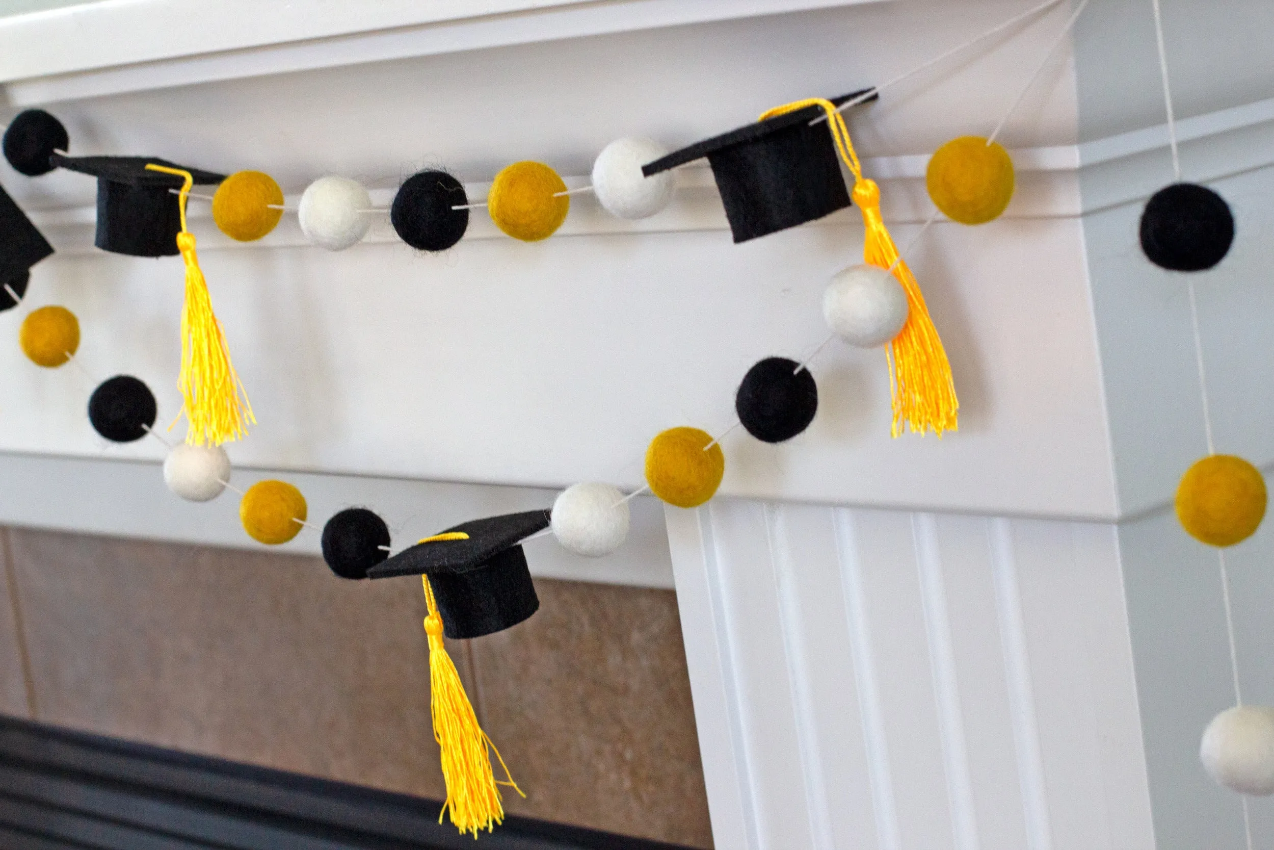 Graduation Cap Felt Garland- Black Gold White with GOLD tassels