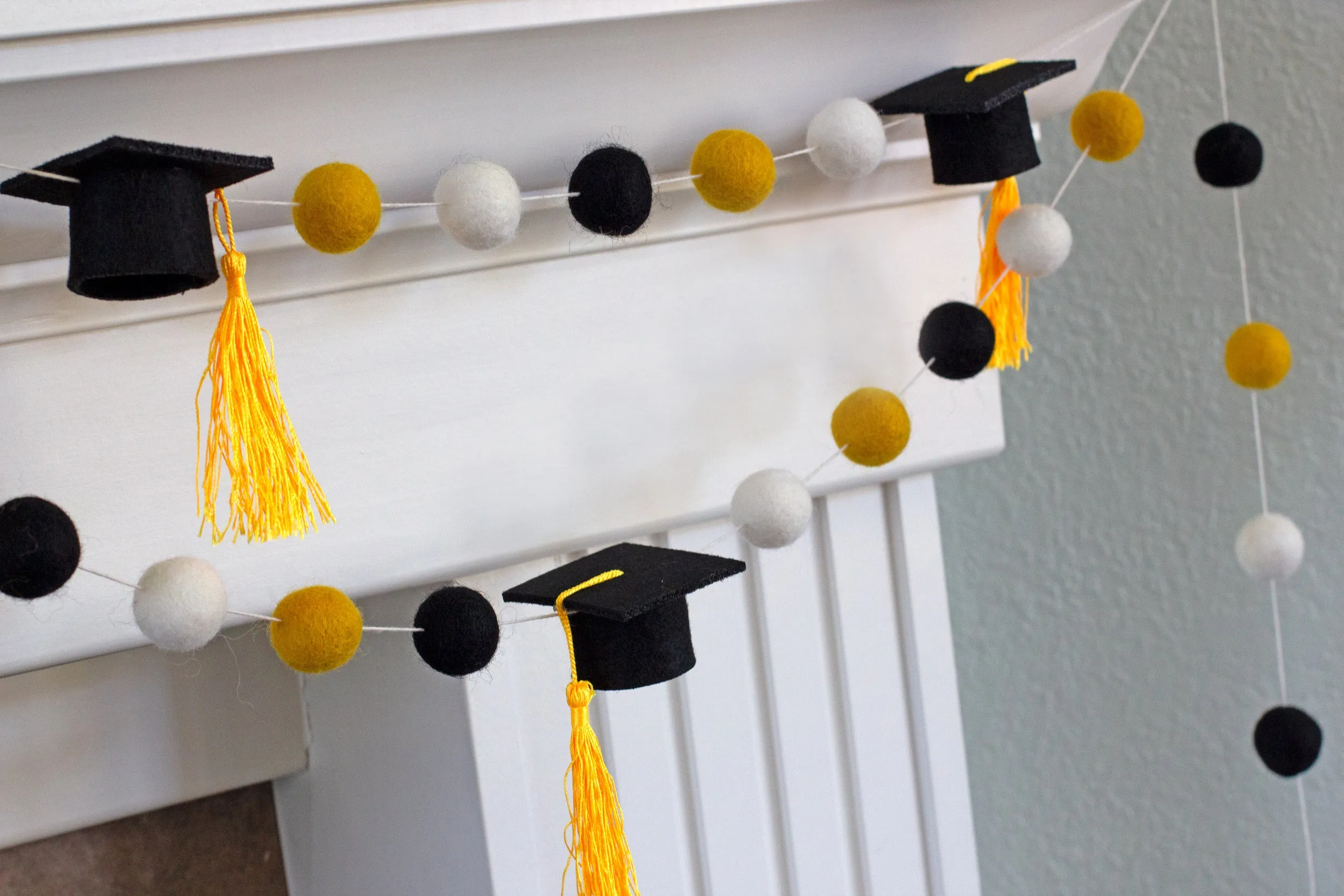 Graduation Cap Felt Garland- Black Gold White with GOLD tassels