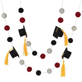 Graduation Cap Felt Garland- Red Black White with GOLD tassels